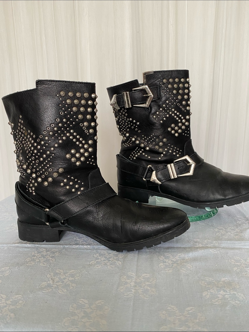 Zara Black Studded Moto Boots with Silver Buckles Size 7